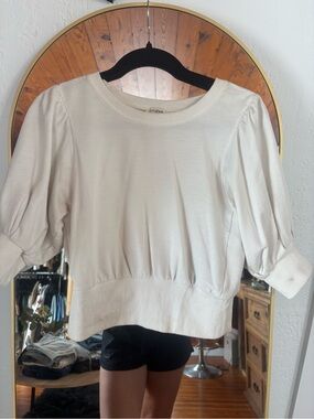 Cream Puff-Sleeve Cropped Sweatshirt - Unbranded
